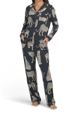 CHELSEA PEERS 2pc Organic Cotton Leopard Print Notch Collar Shirt And Pants Set